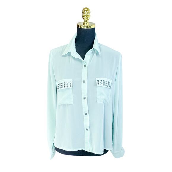 Muted Mint Studded Blouse - Jesse + J Size L USA Made - Picture 1 of 6